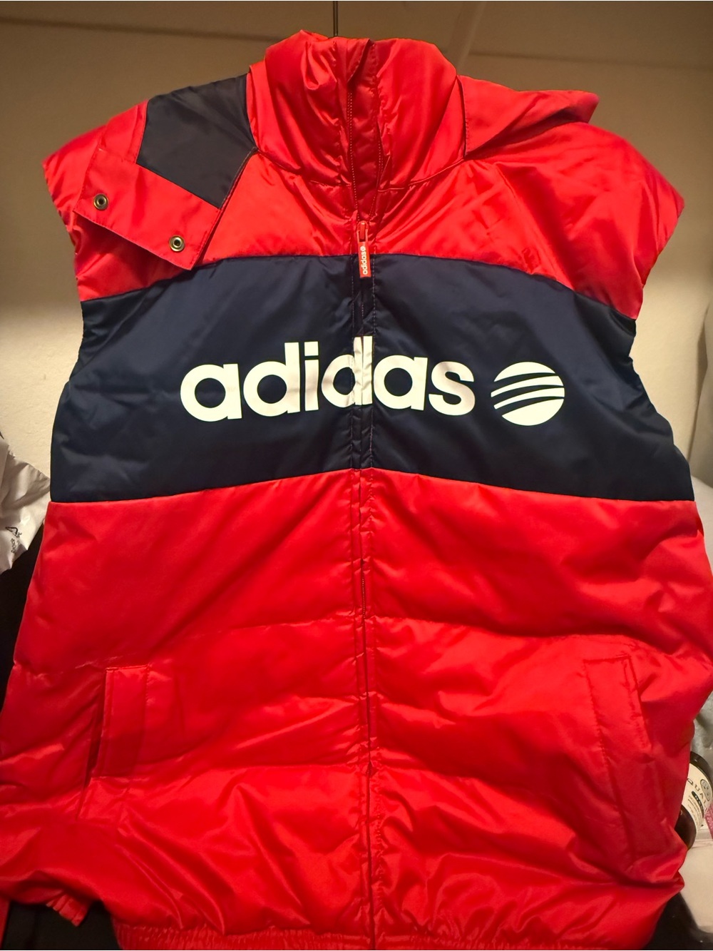 adidas Red and Navy Colorblock Puffer Vest with Logo